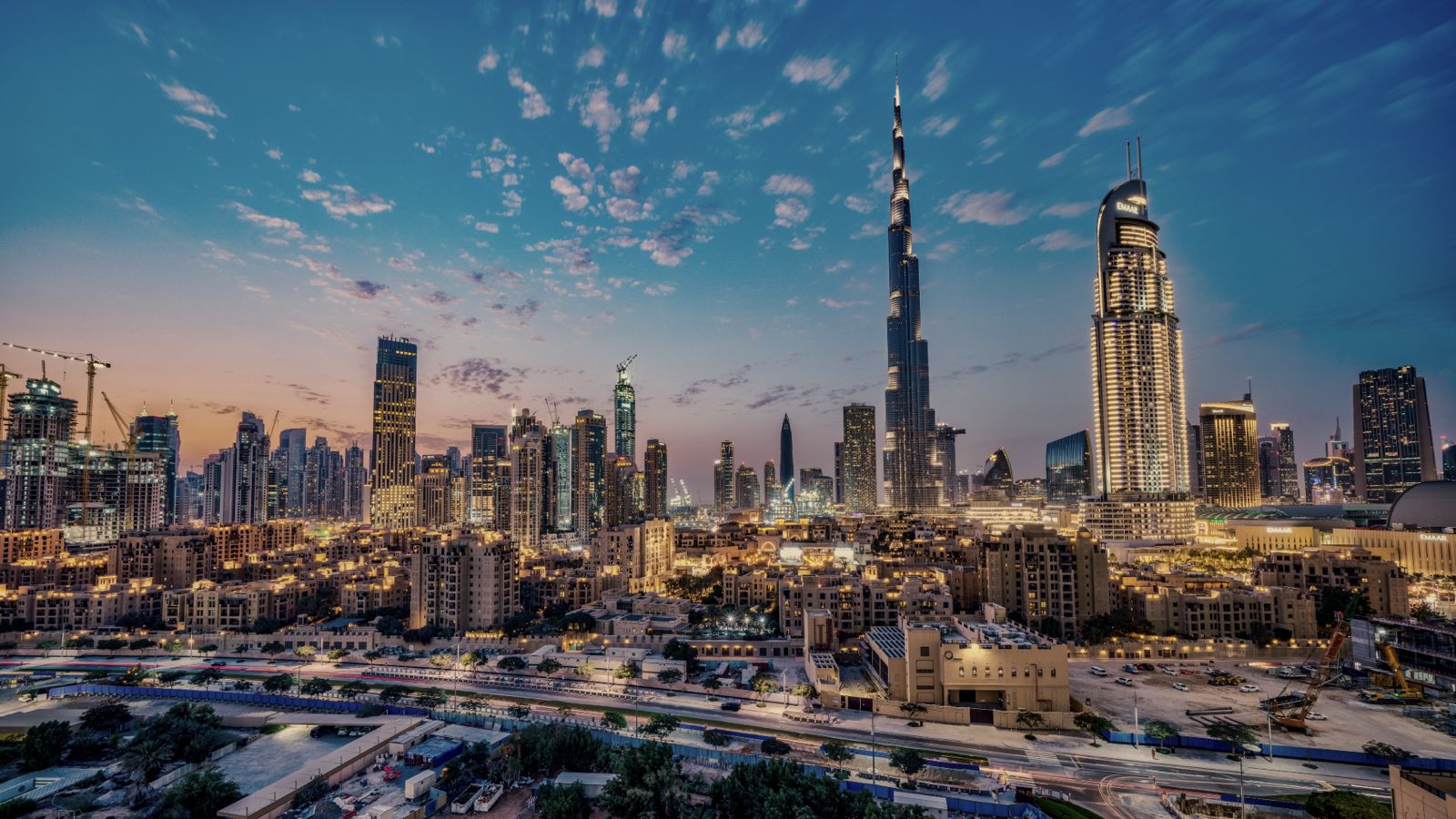 The Dubai skyline at dusk