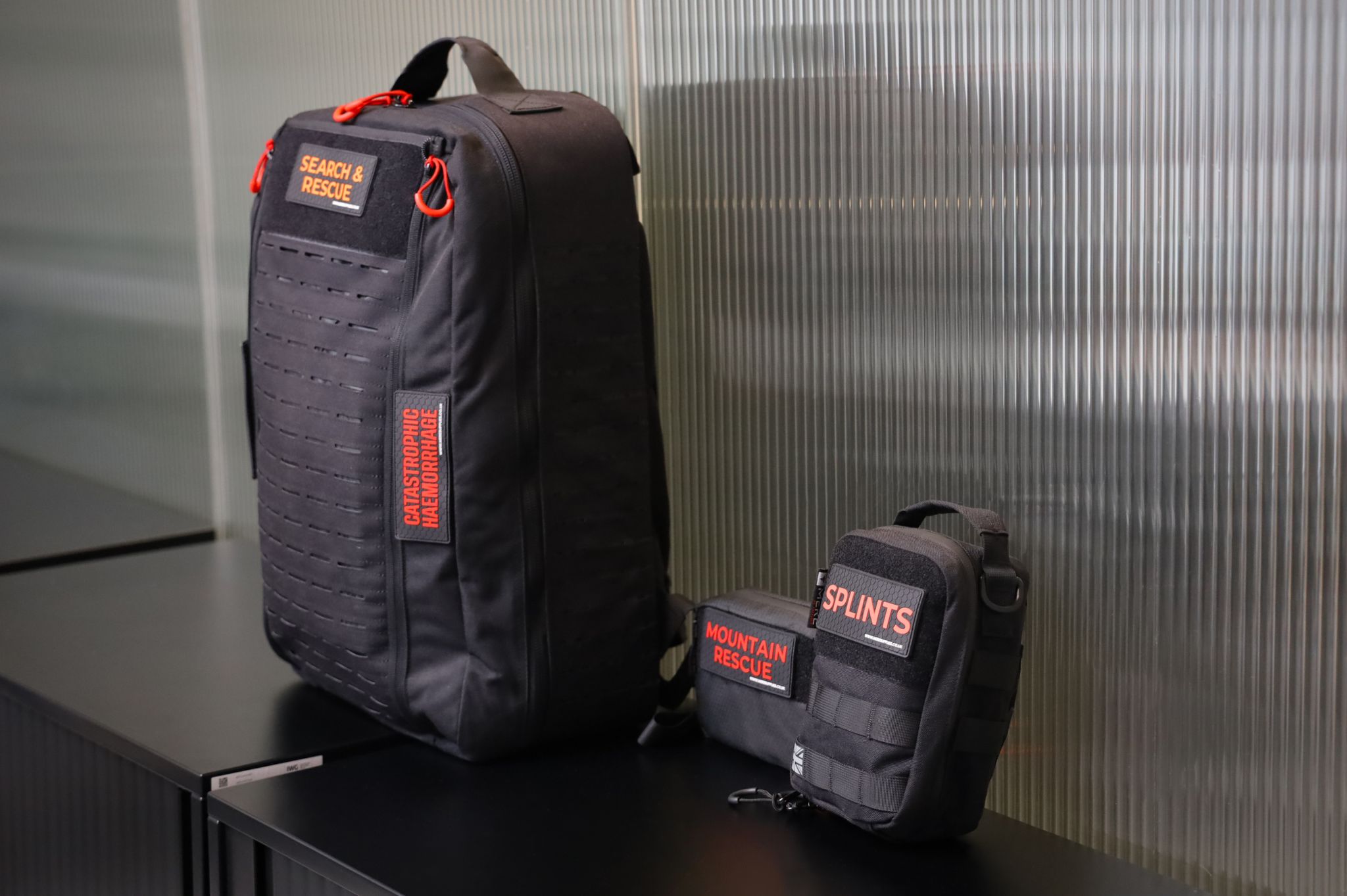 Search and rescue medical kit packs laid out